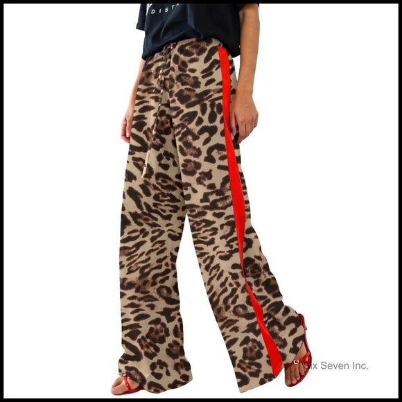Pants - Women's Leopard Print Wide Leg Pants with Drawstring Waist and Pockets